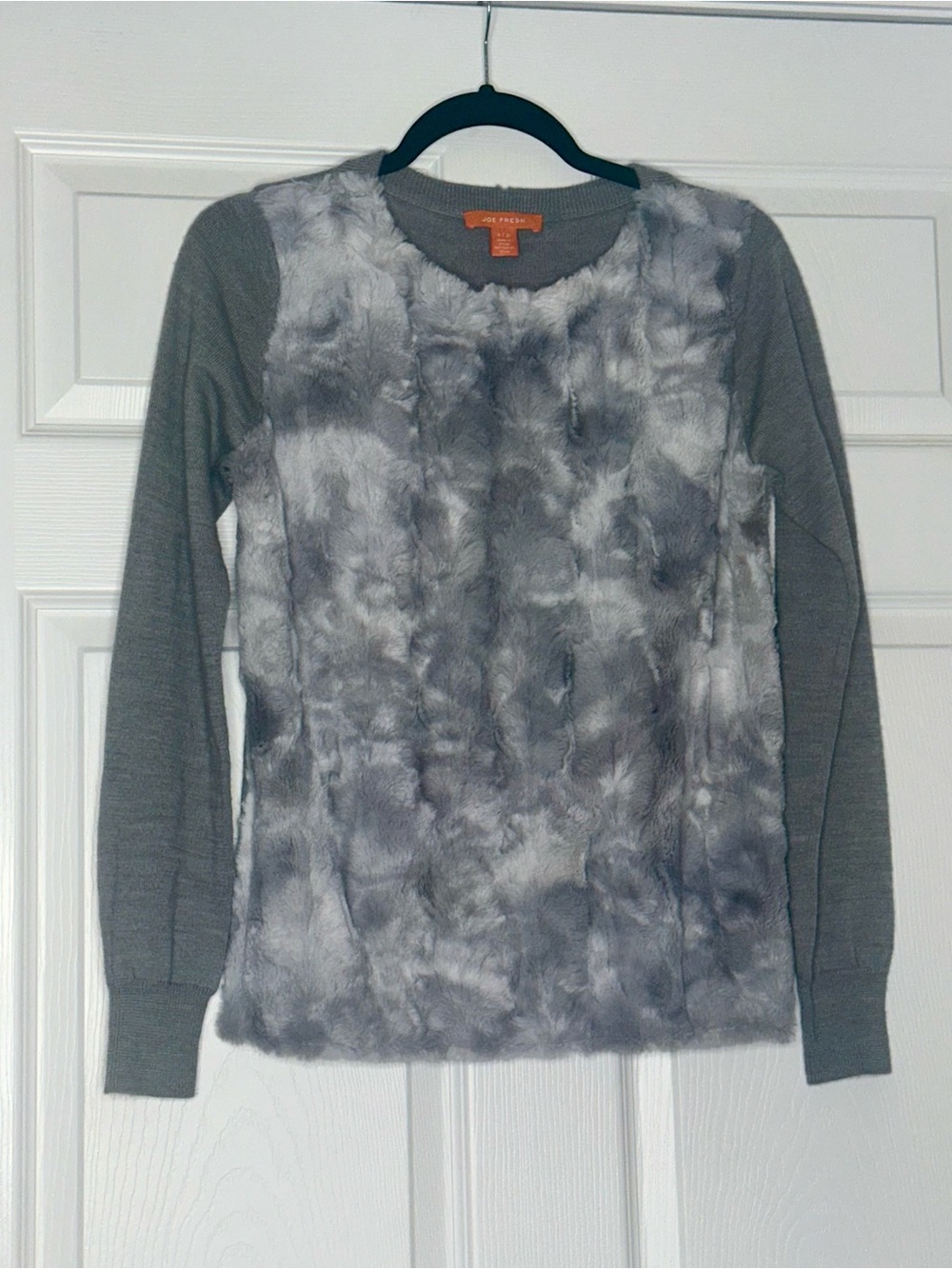Joe Fresh Women’s Faux Fur Front Knit Pullover - Gray